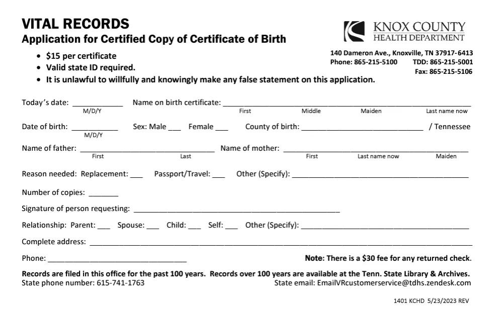 A screenshot of the form used to obtain birth documents in Knox County.