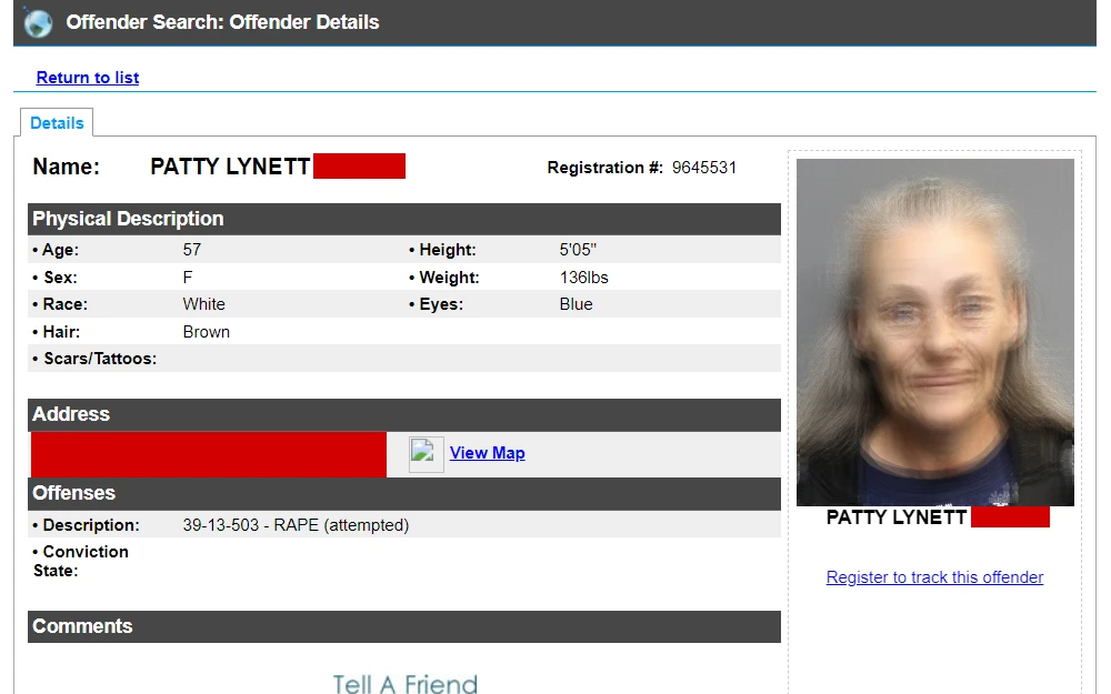 A screenshot of the search tool that allows individuals to access sex offender details.