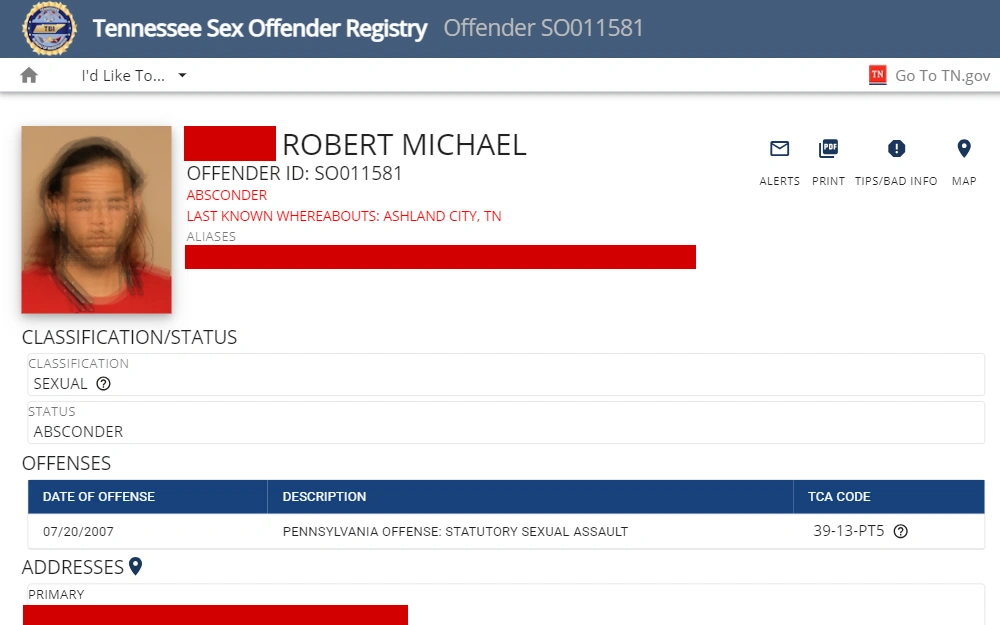 A screenshot of the search tool that can be used by individuals looking for sex offenders with warrants.