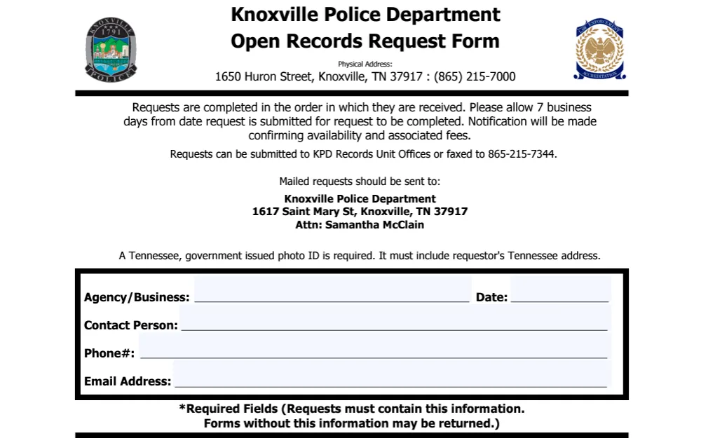 A screenshot of the form used to request police records from the Knoxville Police Department.