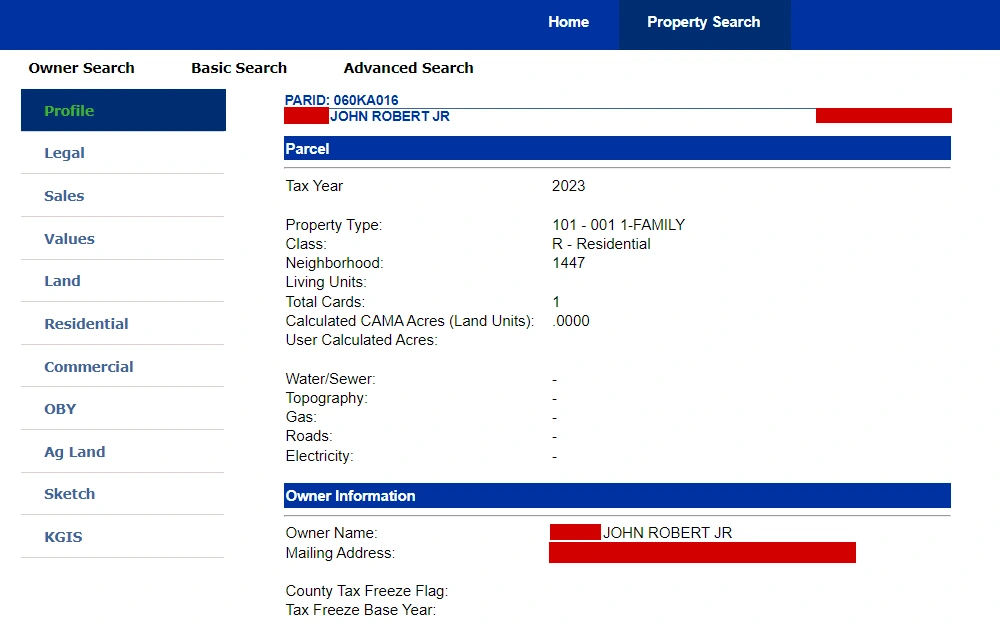 A screenshot of the search tool that can be used to determine who owns a property in Knox County.
