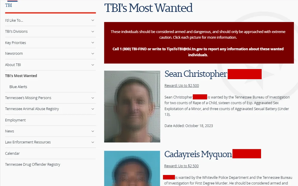 A screenshot of the list provided by Tennessee Bureau of Investigation that allows the public to find details about most wanted offenders.