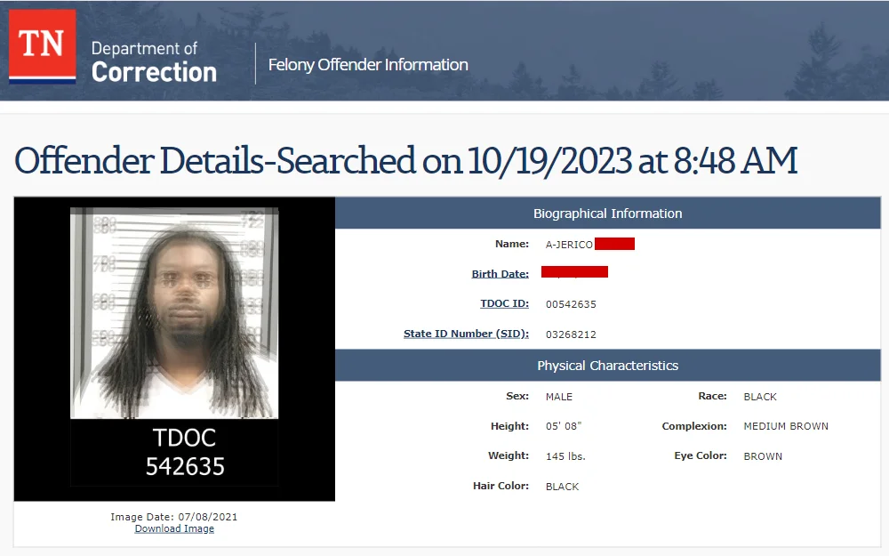 A screenshot of the search tool that allows individuals to look for offenders by name, number, or ID.