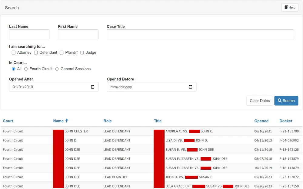 A screenshot from Knox County Criminal Court Clerk’s Office search tool for looking up court cases, featuring fields for entering a last name, first name, and case title, checkboxes for selecting the role being searched (such as attorney, defendant, plaintiff, or judge), options for filtering by court type, and a list of cases with names, roles, titles, opening dates, and docket numbers displayed in a table format.