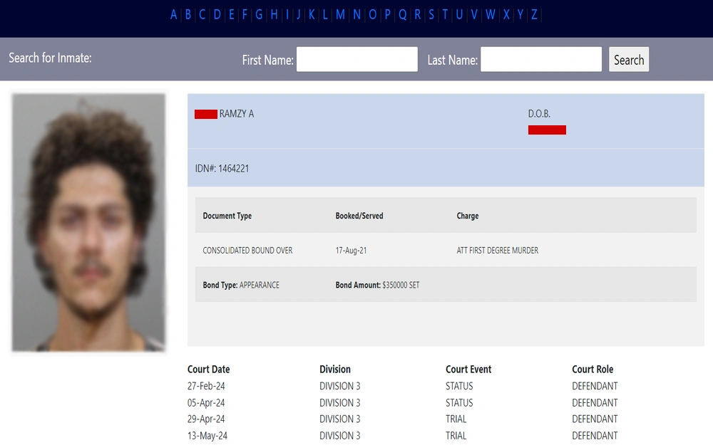 A screenshot from Knox County Sheriff displaying a photograph, personal information such as name and date of birth, identification number, and legal details including document type, charges, bond information, and upcoming court dates.