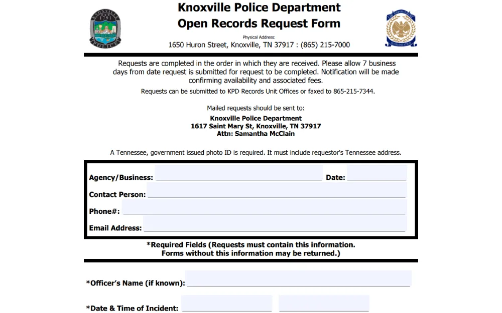 A screenshot from the Knoxville Police Department showing a police department's public records request form with sections for agency or business details, contact information, and specific fields for incident details that the requester must fill out.
