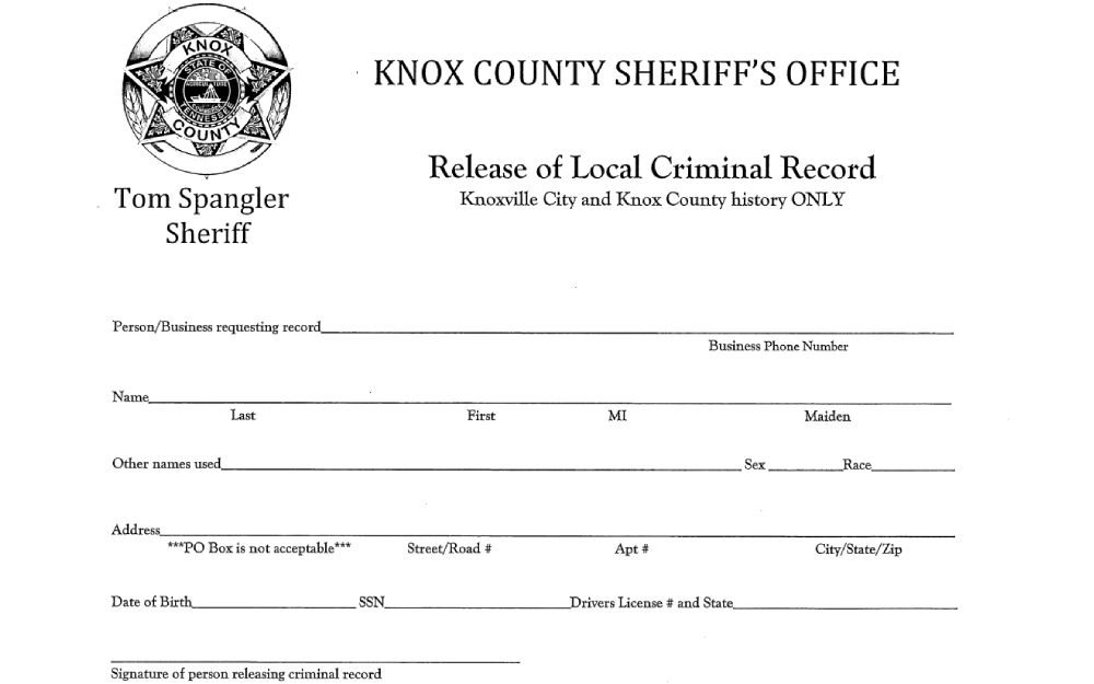 A screenshot of a form titled "Release of Local Criminal Record" from the Knox County Sheriff's Office, with fields for personal and business information, including name, contact details, address, and identification numbers.