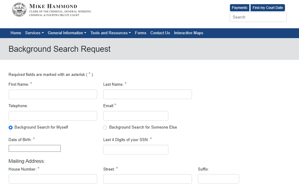 A screenshot of the background search request online form from the Know County Criminal Court Clerks Office displays fields for the requester's name, contact number, email address, subject's birthdate, last four digits of social security number, and mailing address.