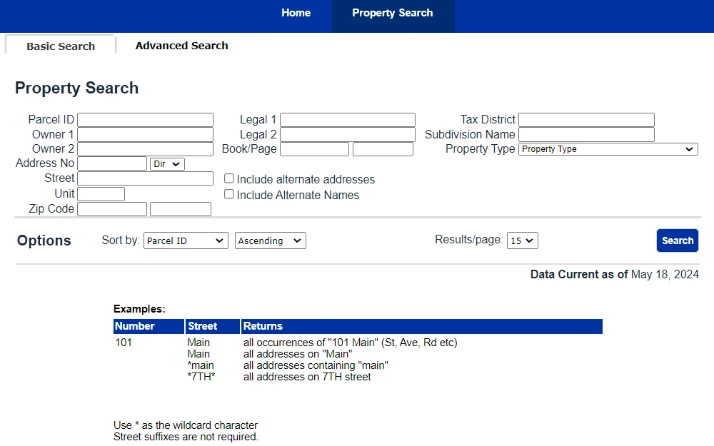 A screenshot of the property search portal from Knox County, Tennessee, shows the input fields for the parcel ID, names of owners, address, tax district, and property type, among others.