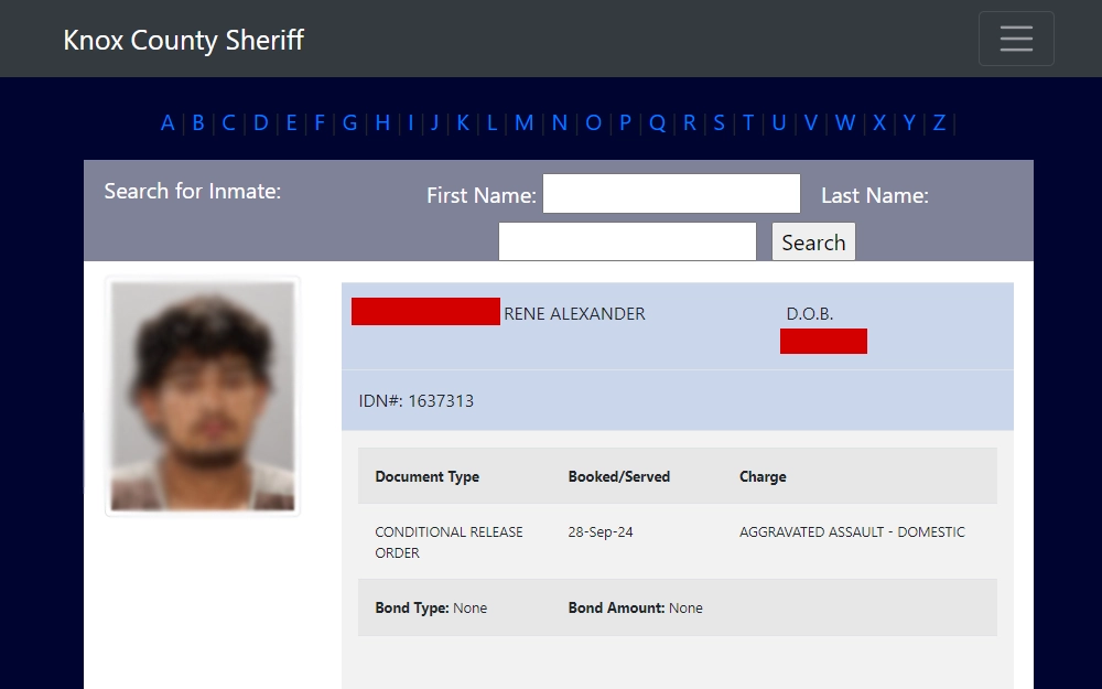 A screenshot of the Inmate Population List provided by the Knox County Sheriff's Office showing all arrestees' mugshots, full names, IDN numbers, date of birth, document type, booking date, charges, bond type, bond amount, etc.