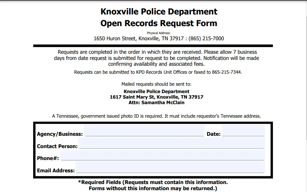 A screenshot of the Knoxville Police Department's Open Records Request Form that interested individuals may use to submit to get an arrestee's record and mugshot.