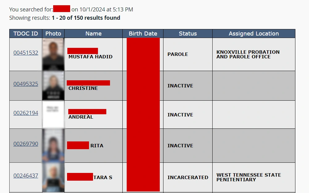 A screenshot of the Felony Offender Lookup (FOIL) tool's sample results from the Tennessee Department of Corrections showing the inmates' TDOC ID numbers, mugshots, full names, birth dates, status, and assigned locations.